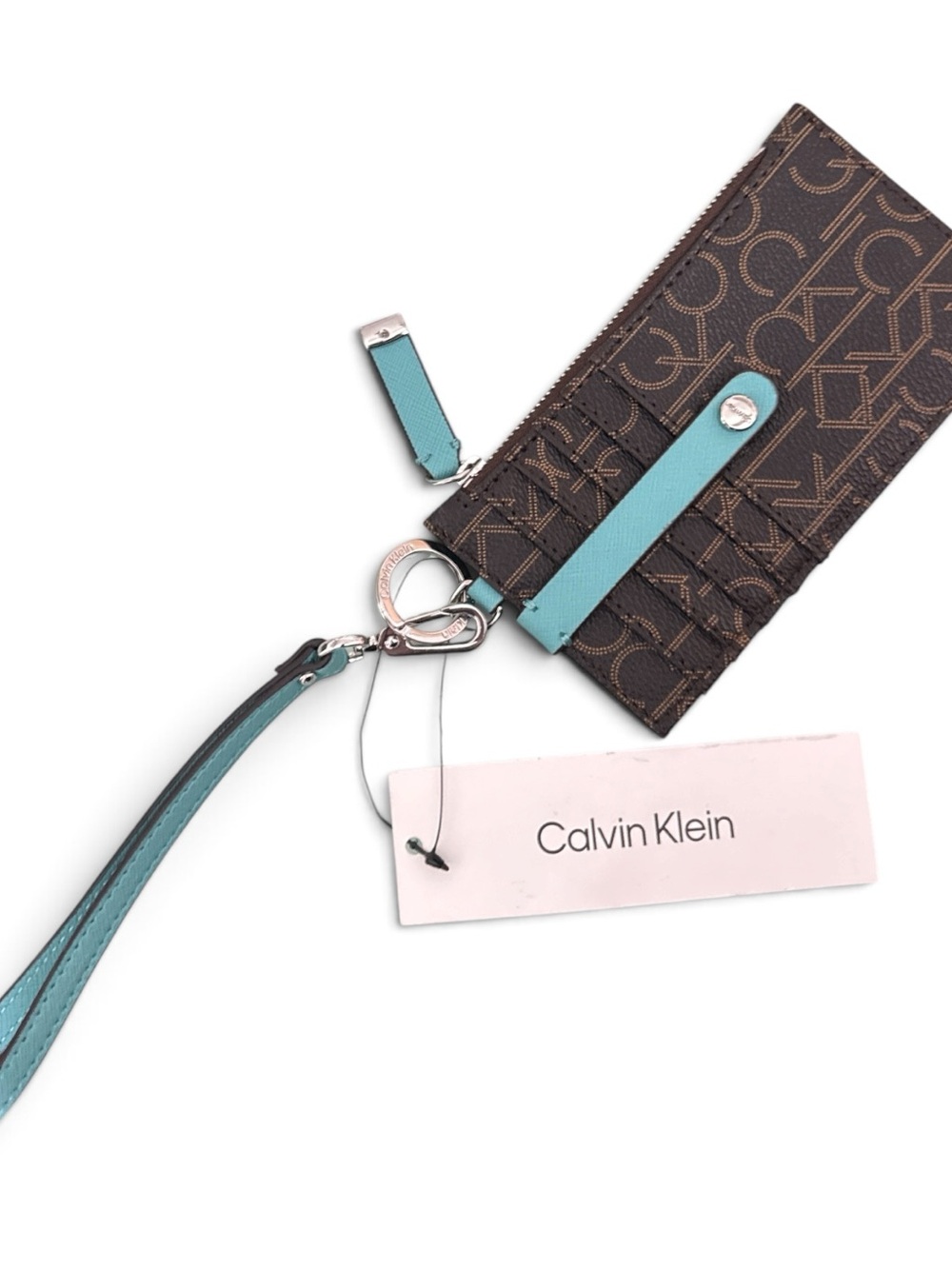 Calvin Klein Brown Monogram Card Holder with Teal Strap